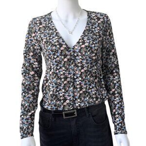 Boden Floral V Neck Blouse Long Sleeve Romantic Boho Black Size 4